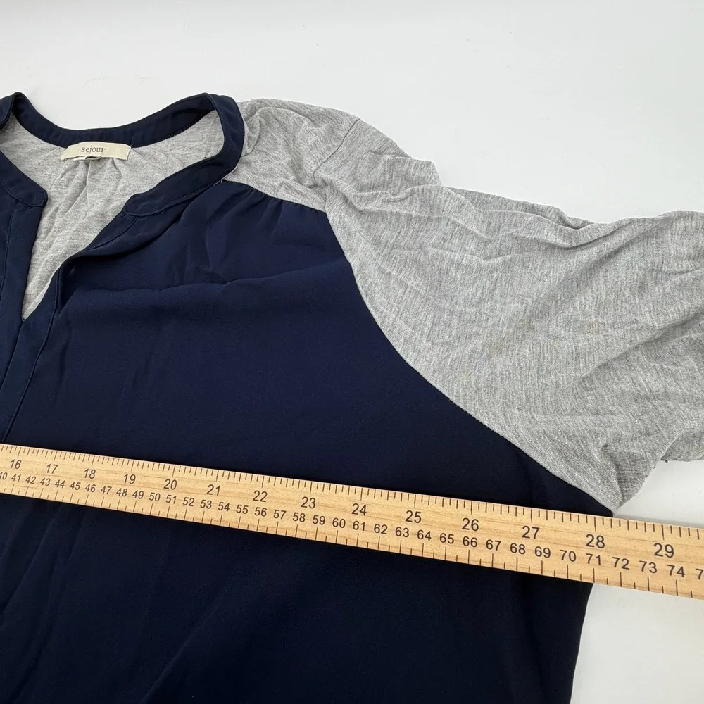 Sejour Womens‎ 3X Mixed Media Top Navy Grey Roll Tab Sleeve SJ296519WN